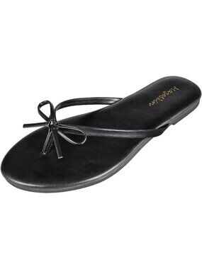 Women's Black Faux Leather Bow Flip Flops Casual Memory Foam Thong Flat Sandals